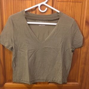 Women Aeropostale Olive V-Neck Short Sleeve Tee